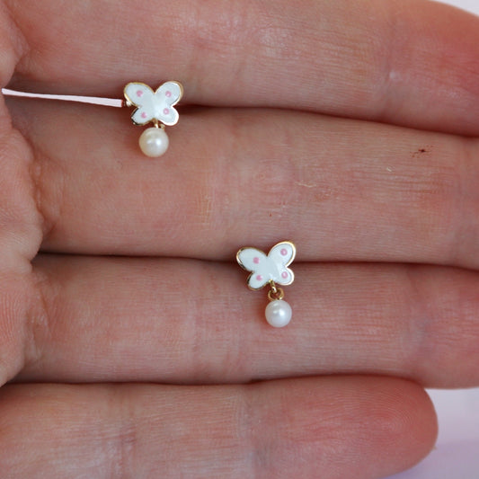 ARETES NIÑA MARIPOSA PERLA ORO