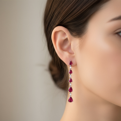 ARETES LARGOS GOTAS RUBIES Y DIAMANTES