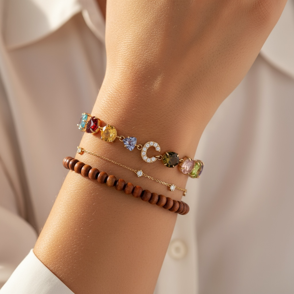 PULSERA CON INICIAL Y PIEDRAS DE NACIMIENTO