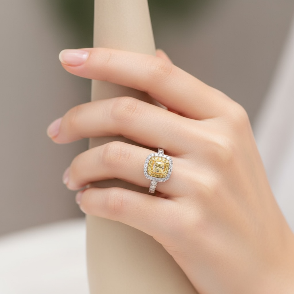 ANILLO CUADRADO DIAMANTES AMARILLOS