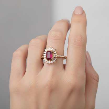 ANILLOS FLOR RUBI CON BAGUETTES