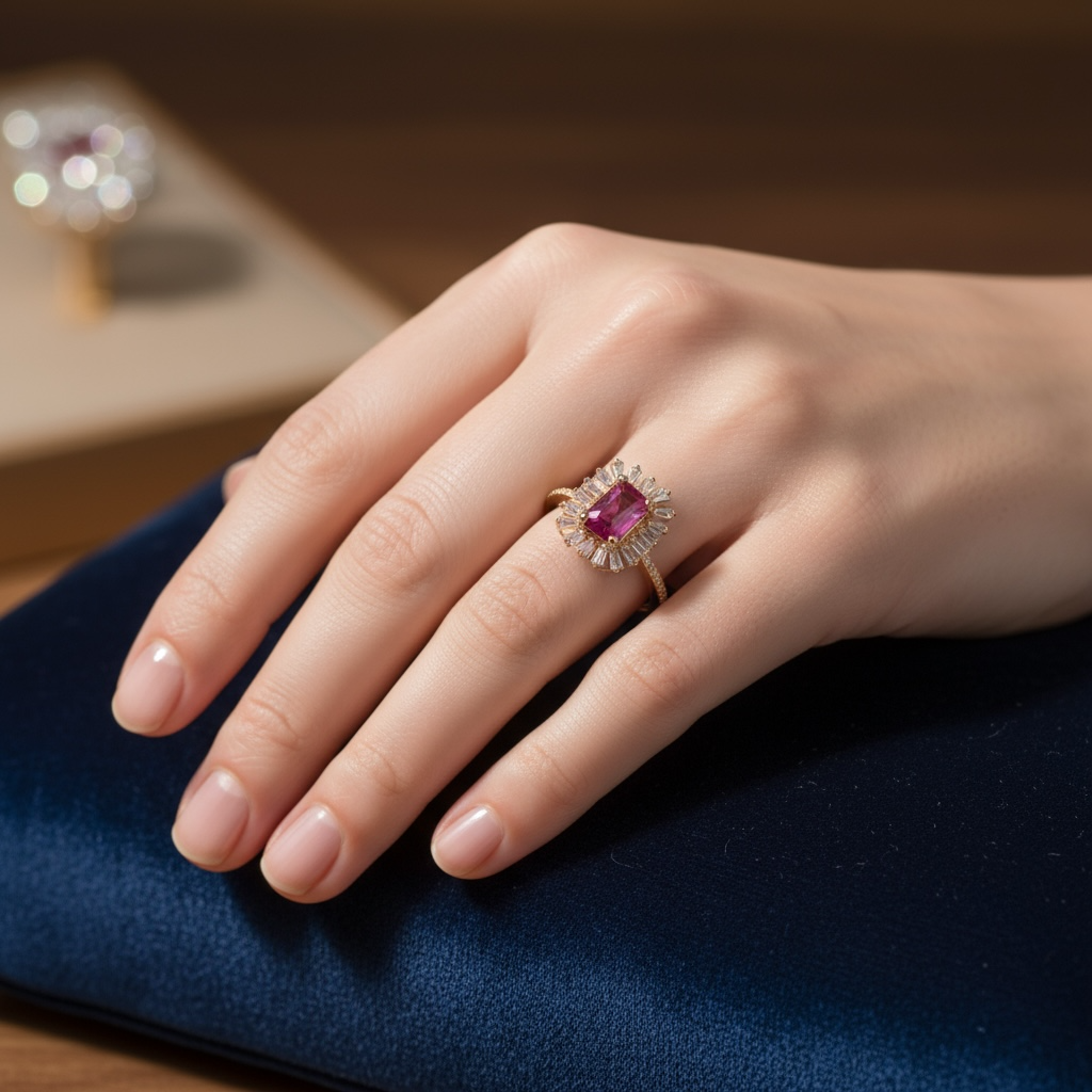 ANILLOS FLOR RUBI CON BAGUETTES