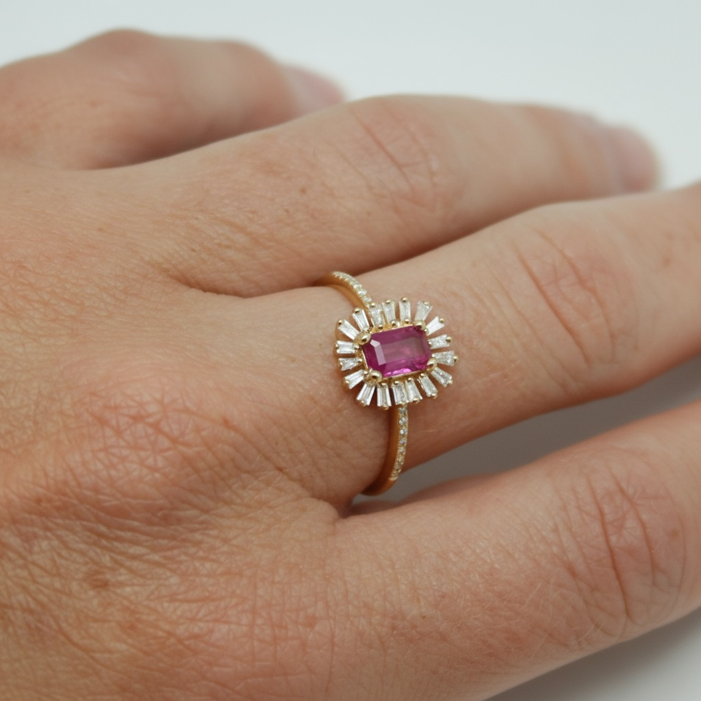 ANILLOS FLOR RUBI CON BAGUETTES