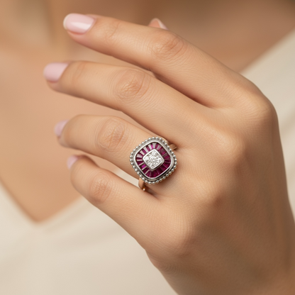 ANILLO ROMBO RUBI Y DIAMANTES