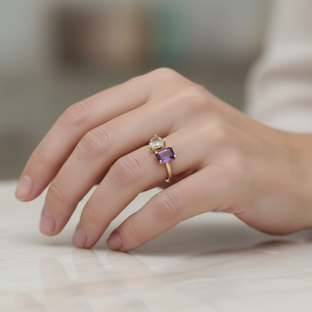 ANILLO ABIERTO AMATISTA Y AGUAMARINA