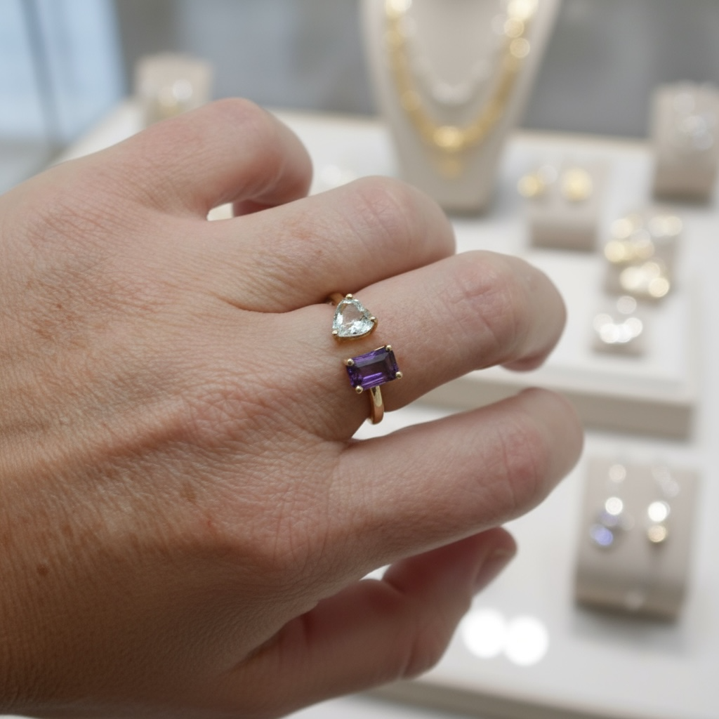 ANILLO ABIERTO AMATISTA Y AGUAMARINA