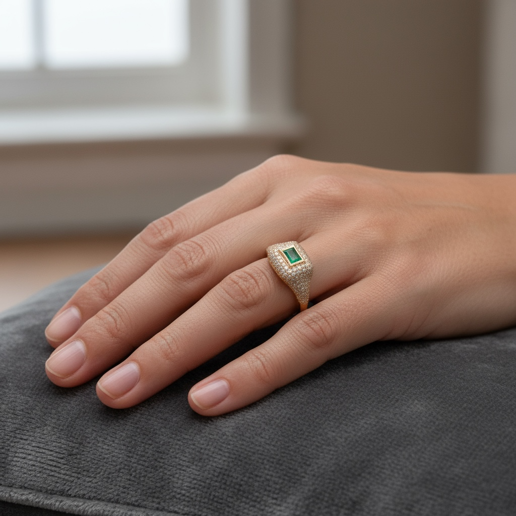 ANILLO SELLO ESMERALDA Y DIAMANTES