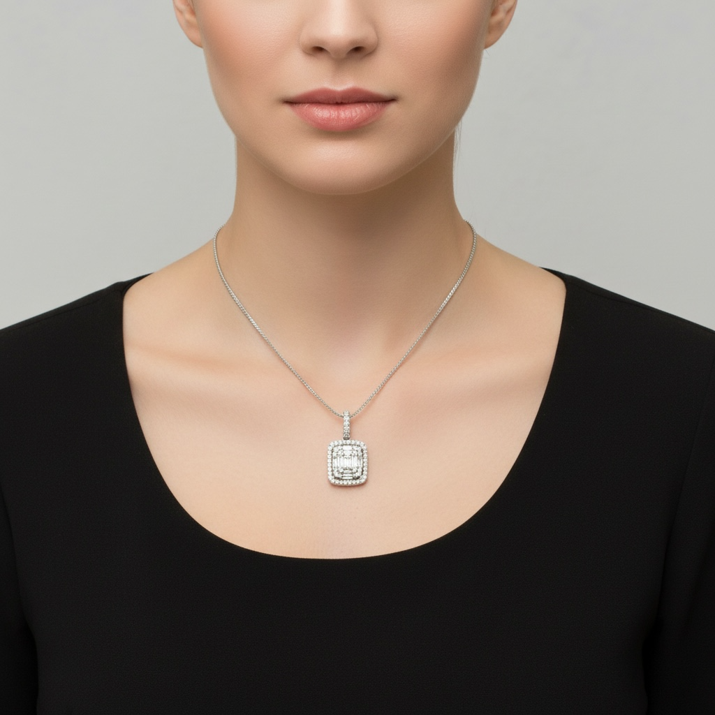 COLLAR RECTANGULO BAGUETTES Y DIAMANTES